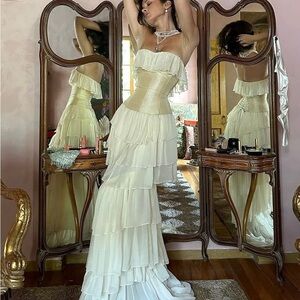 Mirror Palais Strapless Tiered Ruffle Ivory Gown